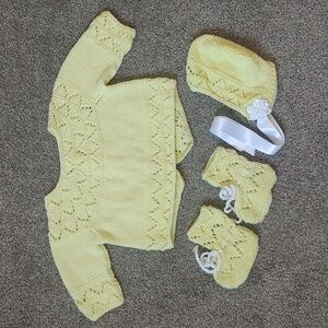 Handmade Knit 4 Piece Sweater, Hat‎ & Booties Set